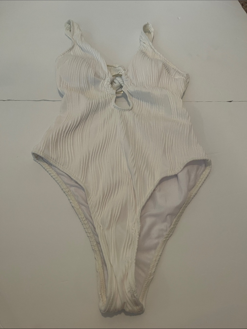 Never Worn!White Textured One-Piece Swimsuit with Silver Accent